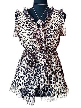#63 PASSPORT ~ Lightweight Leopard Print Sleeveless Ruffle Blouse Elastic Waist